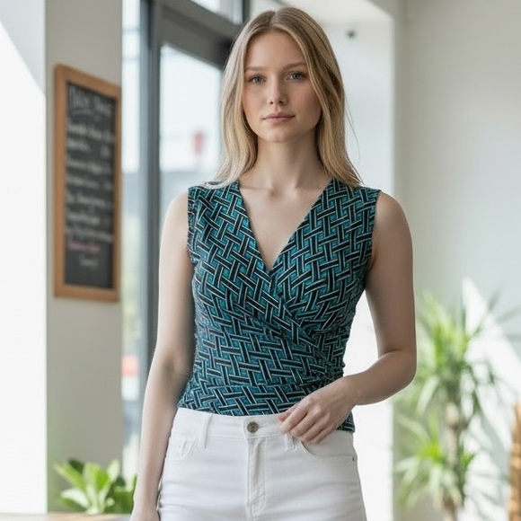 New York & Company Pants - New York & Company STRETCH blue& black sleeveless summer wrap top (Size XS)